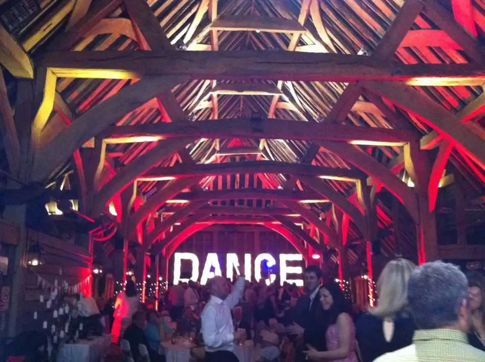Wedding guests dancing together on a packed dancefloor