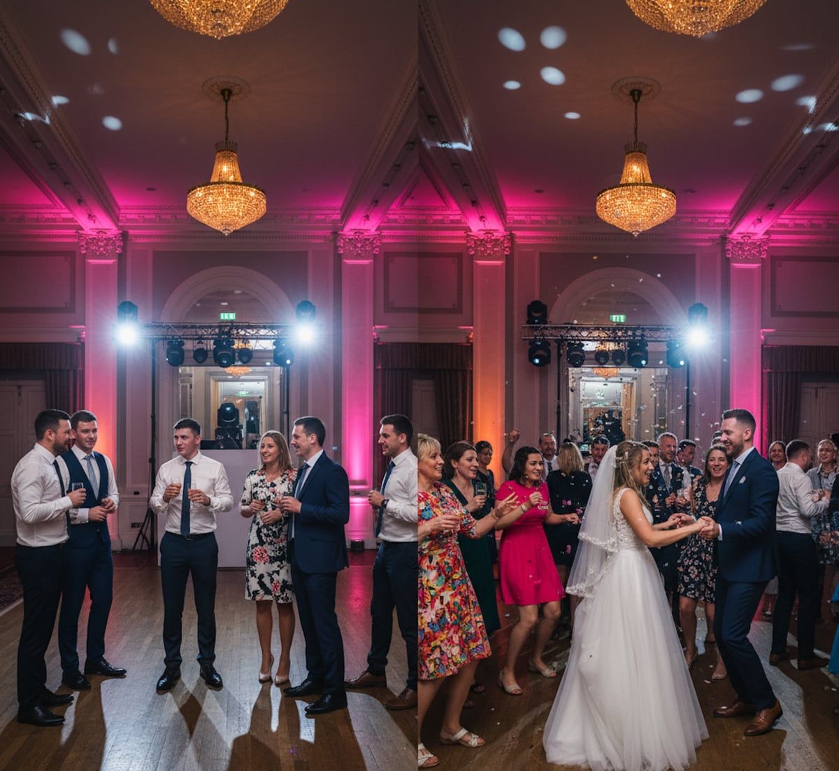 Split ballroom scene, guests talking on the left and the couple leading a packed dancefloor on the right, showing how one song choice steers the celebration.
