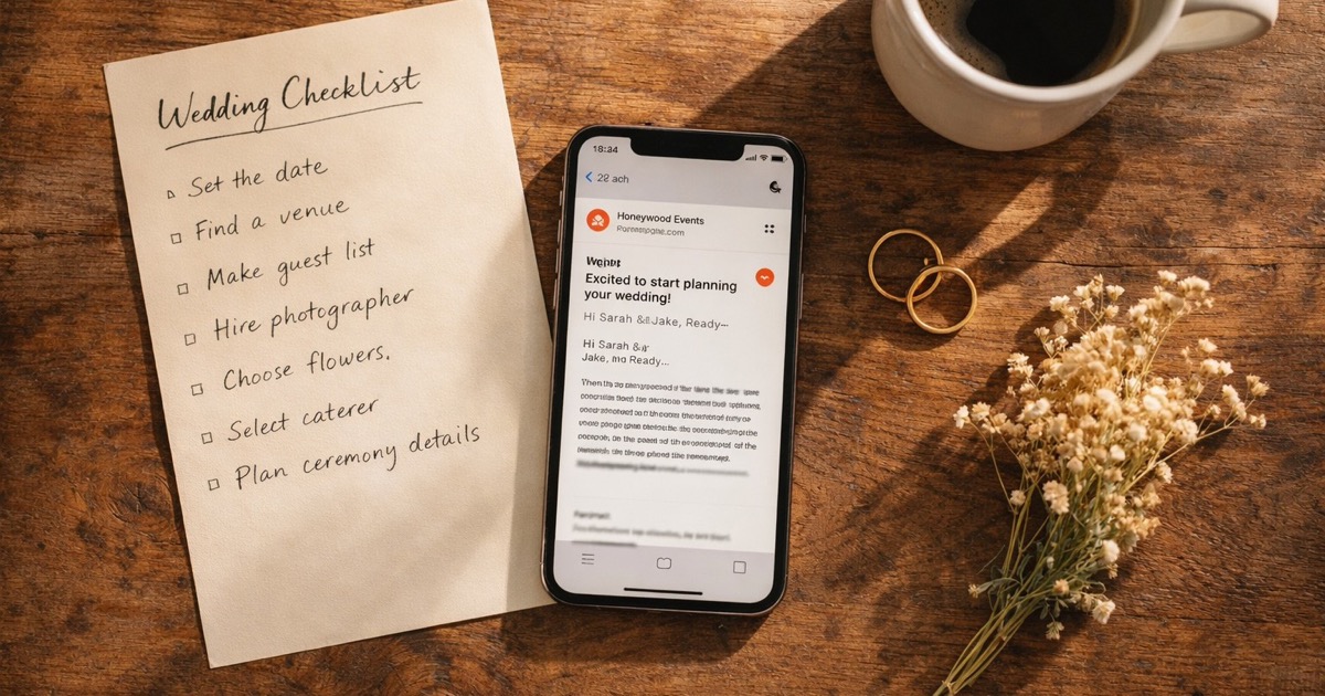 Couple planning their wedding with laptop showing helpful planning emails