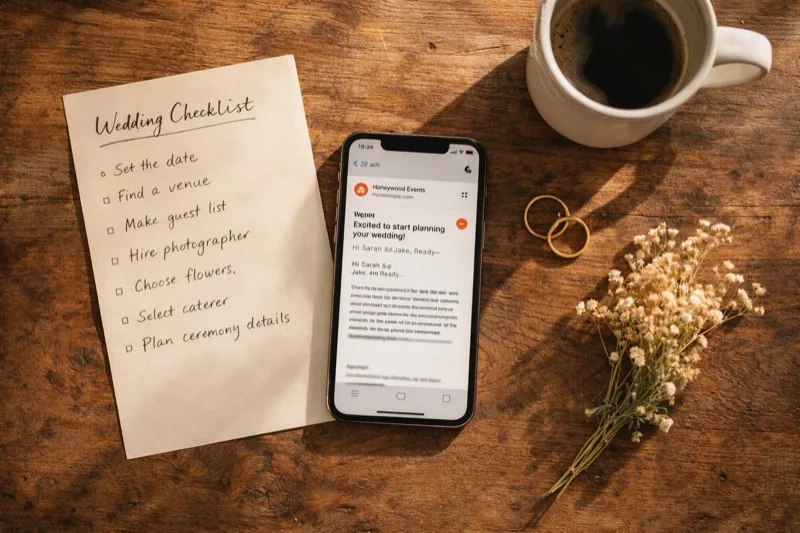 Couple planning their wedding with laptop showing helpful planning emails