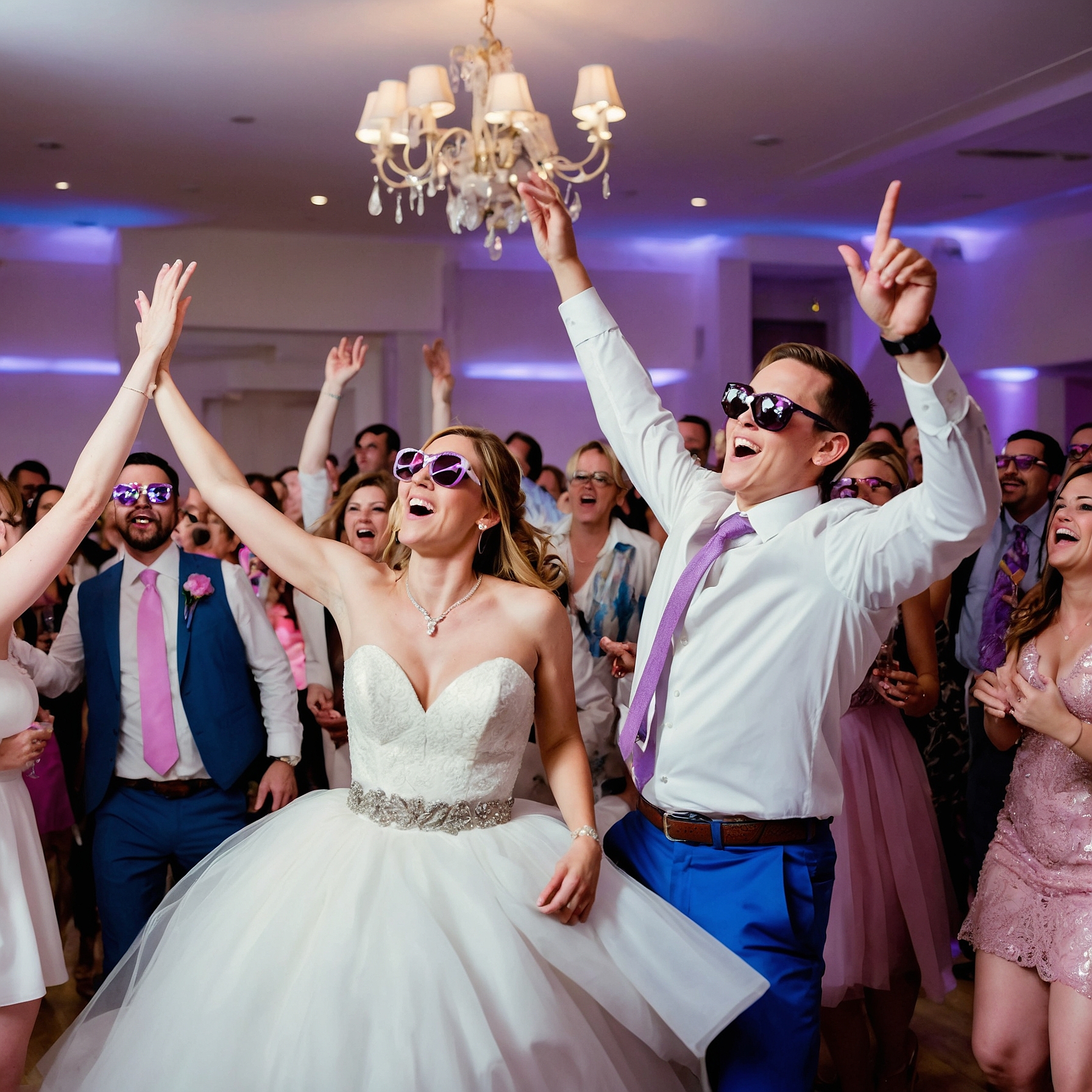 Relaxed wedding celebration with guests dancing together