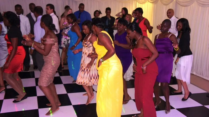 Wedding dancefloor with guests dancing and celebrating