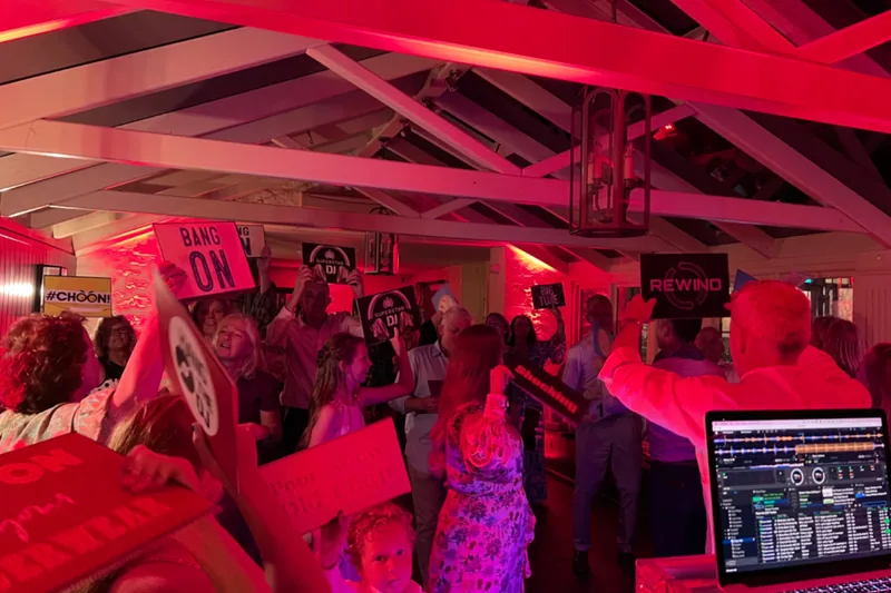 Wedding guests celebrating and dancing at reception